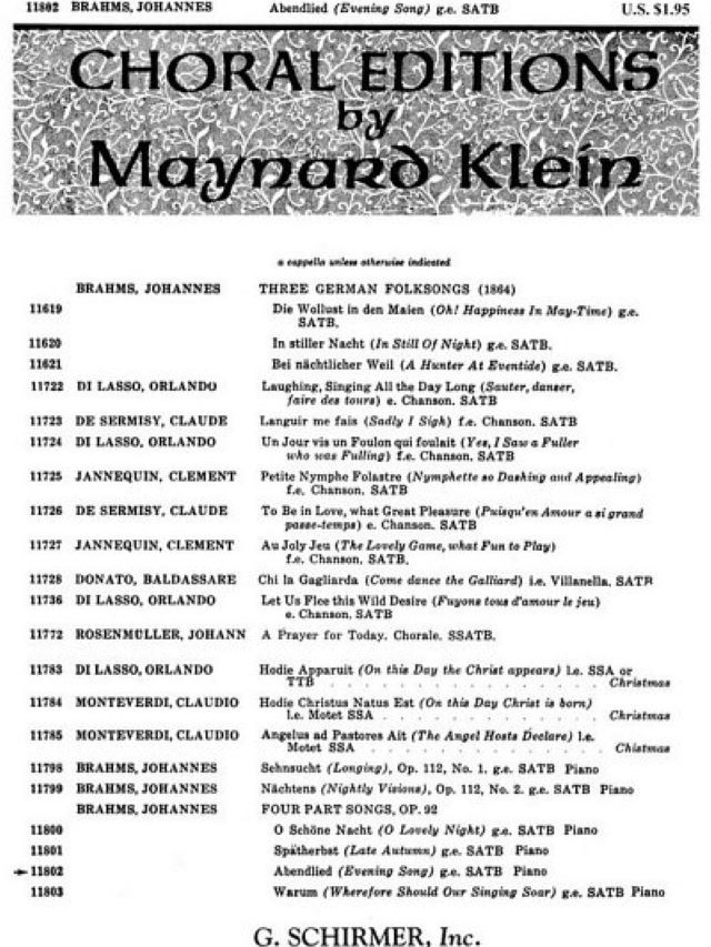 Abendlied (Evening Song) No. 2 Op. 92 - SATB - Johannes Brahms - M. Klein